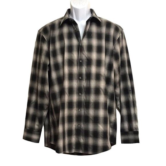 14TH & UNION Trim Fit Stretch Plaid Button Down Shirt 17.5 34 35 Black Gray - Picture 1 of 6